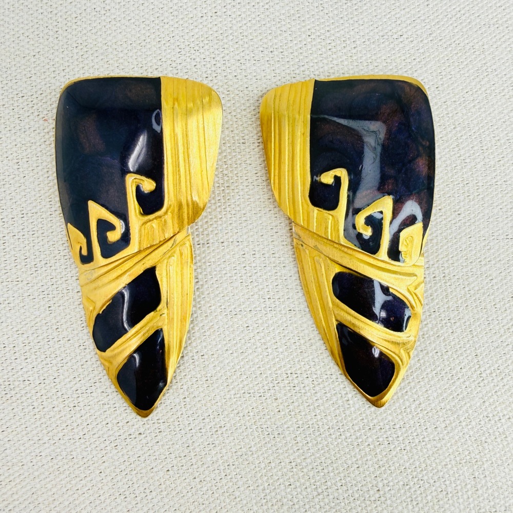 Edgar Berebi Chunky 80s Vintage Earrings Articulated Enamel Greek Key